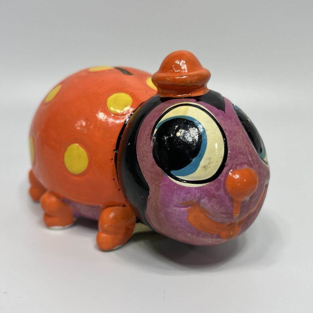 Vintage Dayglo Lady Bug Piggy Bank Top Hat Anthropomorphic Taiwan 6" Neon